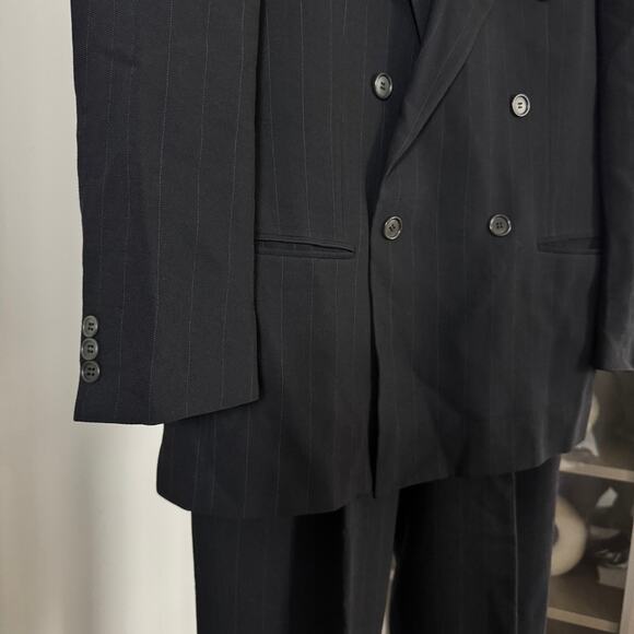 Giorgio Armani Black Wool Pinstripe 2 Pc Suit 40S Double Breasted Jacket Pants - Picture 3 of 11